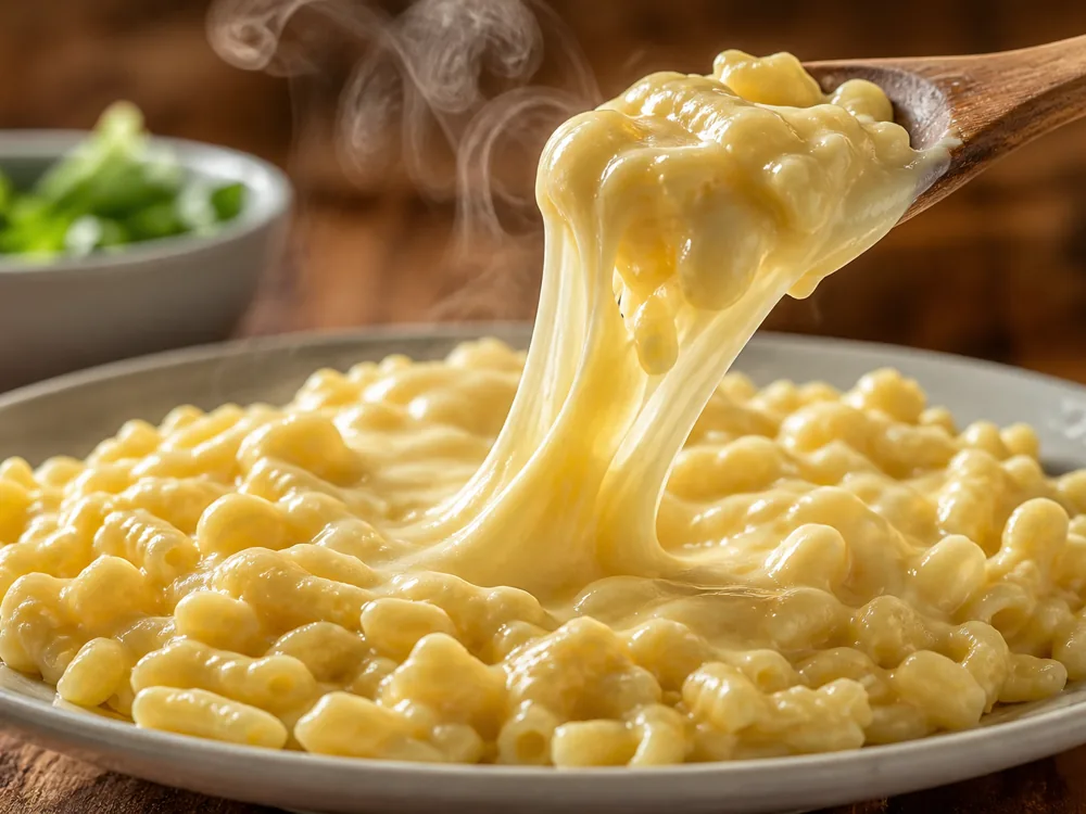Smooth pale gold melted cheese lifted on a wooden spoon over a plate of spaetzle - Allgauer Emmentaler | KnowTheCheese