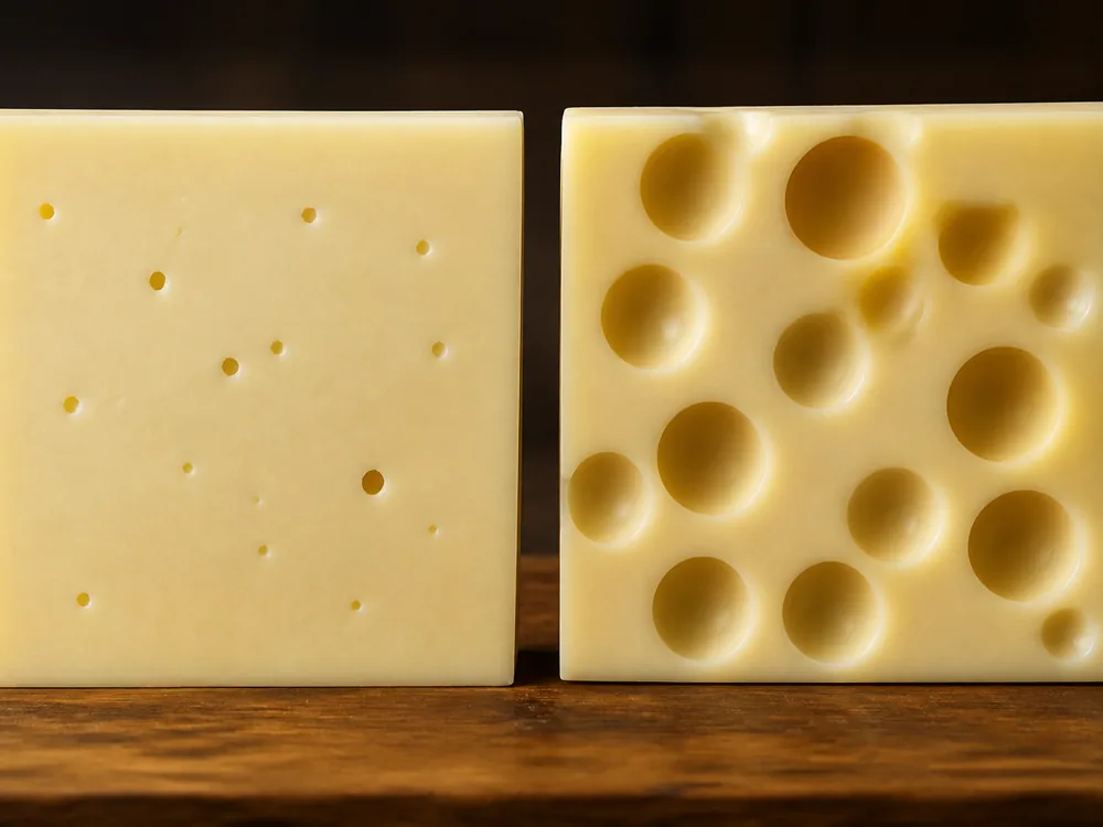 Two cut faces side by side, one with few small holes and one with many large round holes - Allgauer Emmentaler | KnowTheCheese