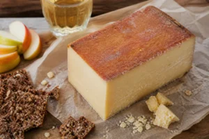 Brick-shaped Almnäs Tegel-style cheese wedge with reddish rind and dense paste - Almnäs Tegel | KnowTheCheese