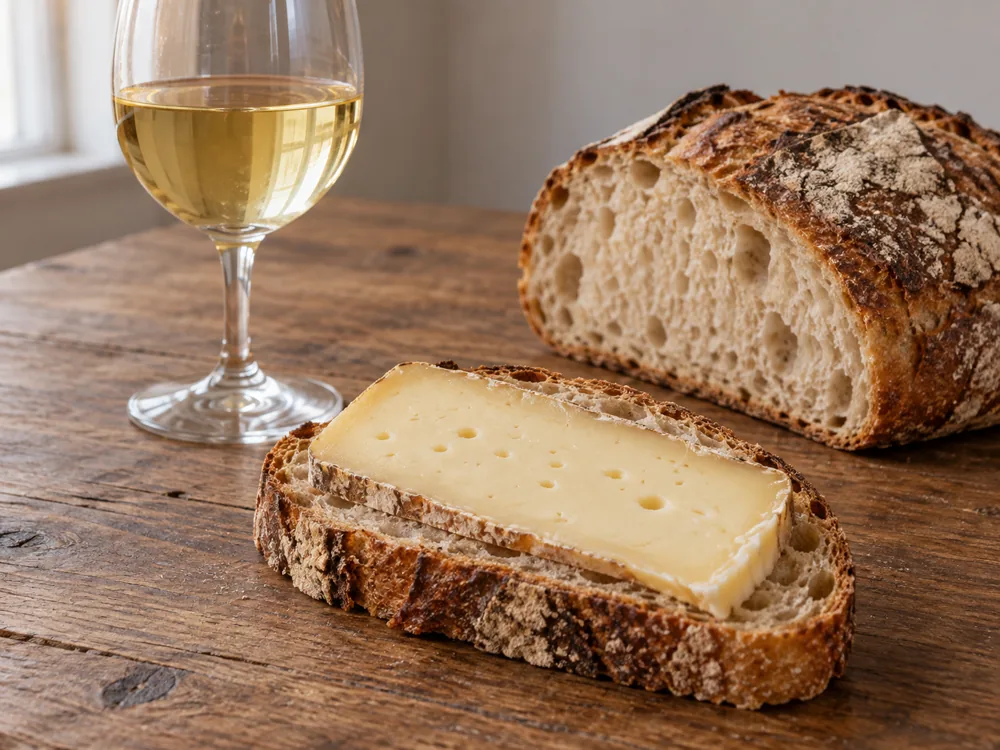 Cheese slice on crusty bread beside a glass of wine - Alpe di Frabosa | KnowTheCheese