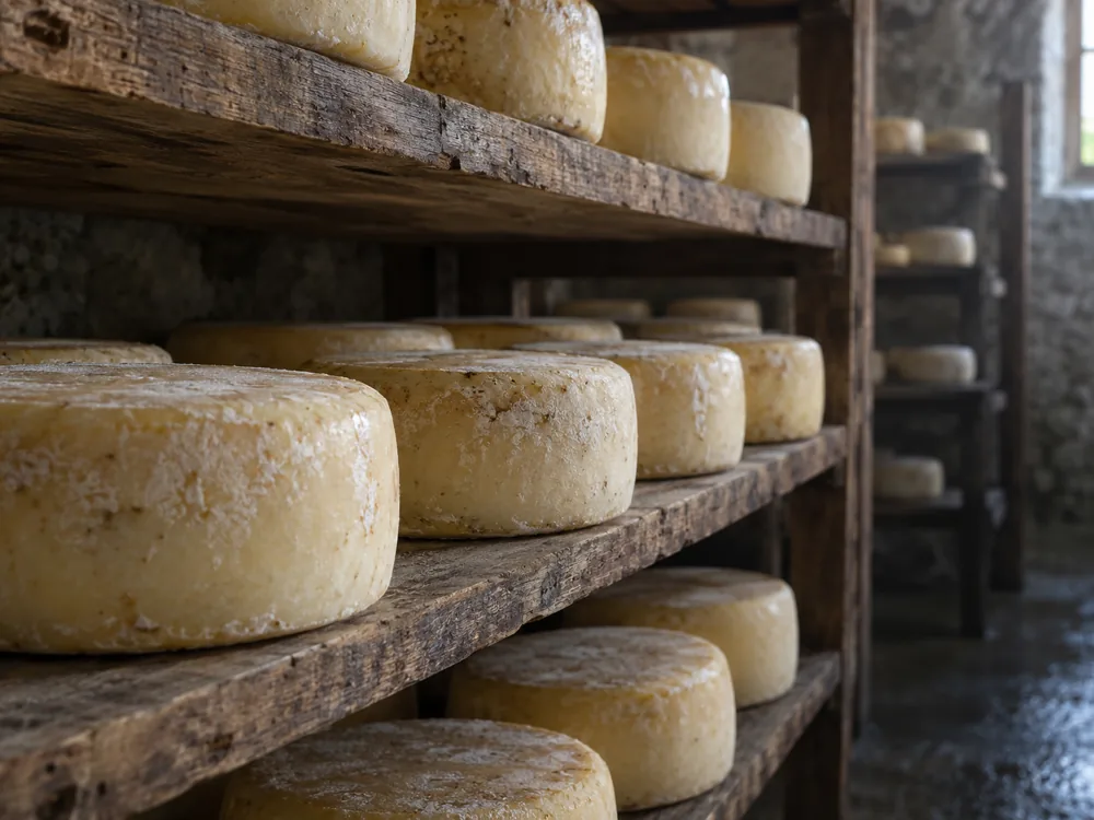 Rows of pale rounded cheeses resting on wooden shelves in a dim aging room - Alpe di Frabosa | KnowTheCheese