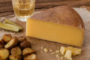 Alpha Tolman-style wedge with brushed rind, golden paste, potatoes, and pickles - Alpha Tolman | KnowTheCheese