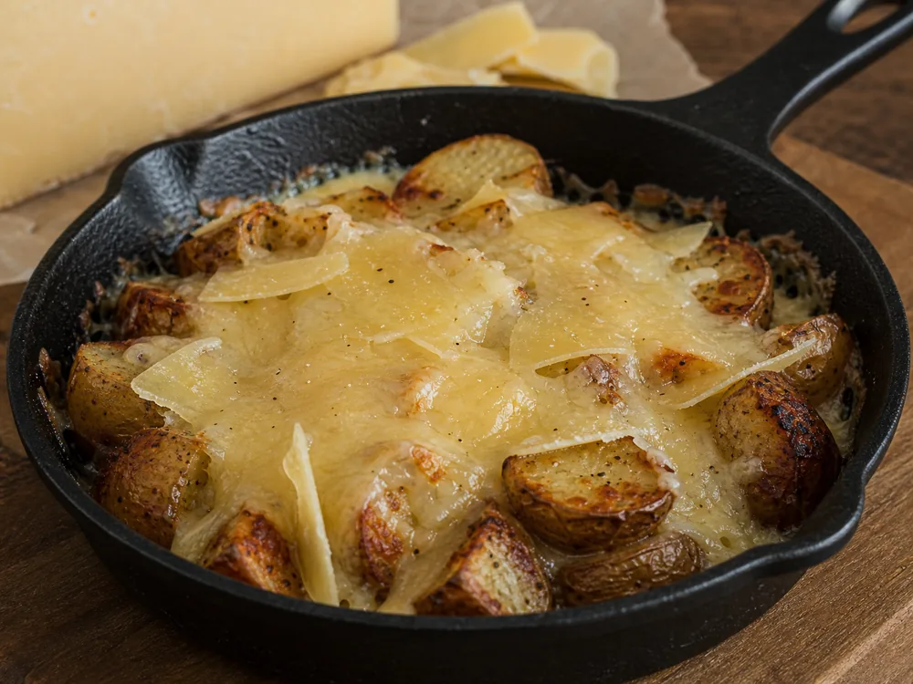Melted Alpha Tolman-style cheese over roasted potatoes without long cheese pull - Alpha Tolman | KnowTheCheese