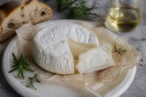 Creamy Alpicreme-style goat cheese round with herbs, bread, and white wine - Alpicreme | KnowTheCheese