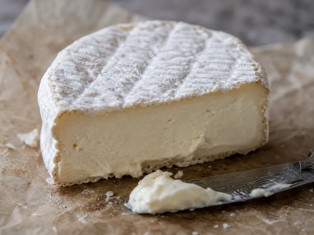 Wrinkled rind and creamy paste on an Alpicreme-style goat cheese wedge - Alpicreme | KnowTheCheese