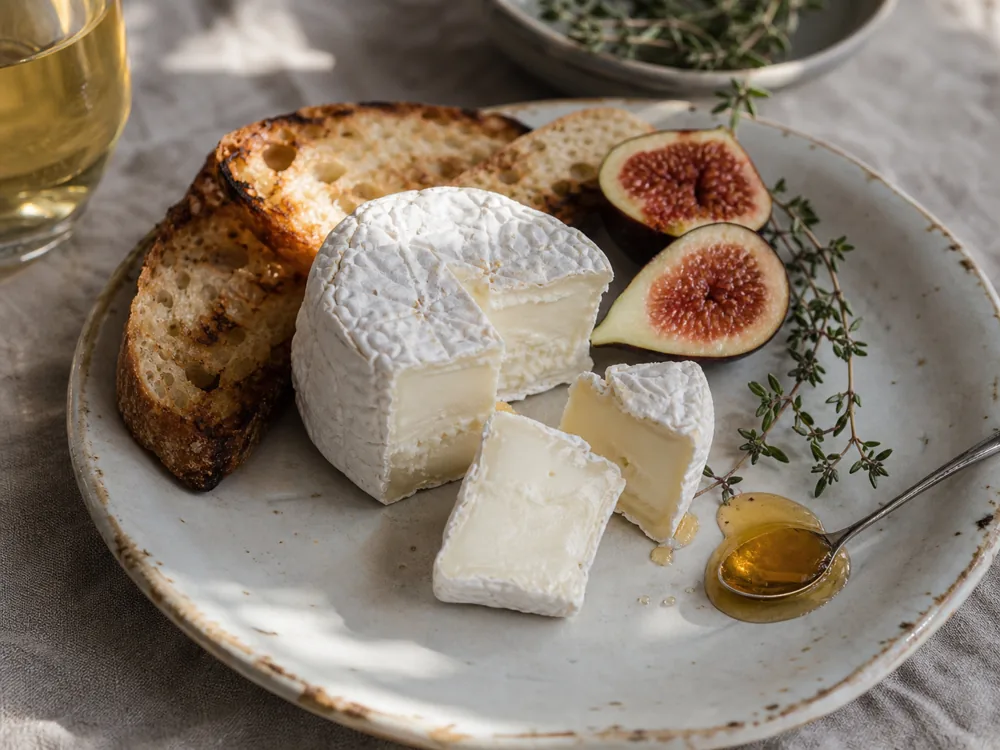 Alpicreme-style goat cheese wedges with fig, thyme, honey, and toast - Alpicreme | KnowTheCheese