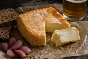 Golden washed-rind Alpine Gold-style cheese with rye bread, pickles, and amber ale - Alpine Gold | KnowTheCheese