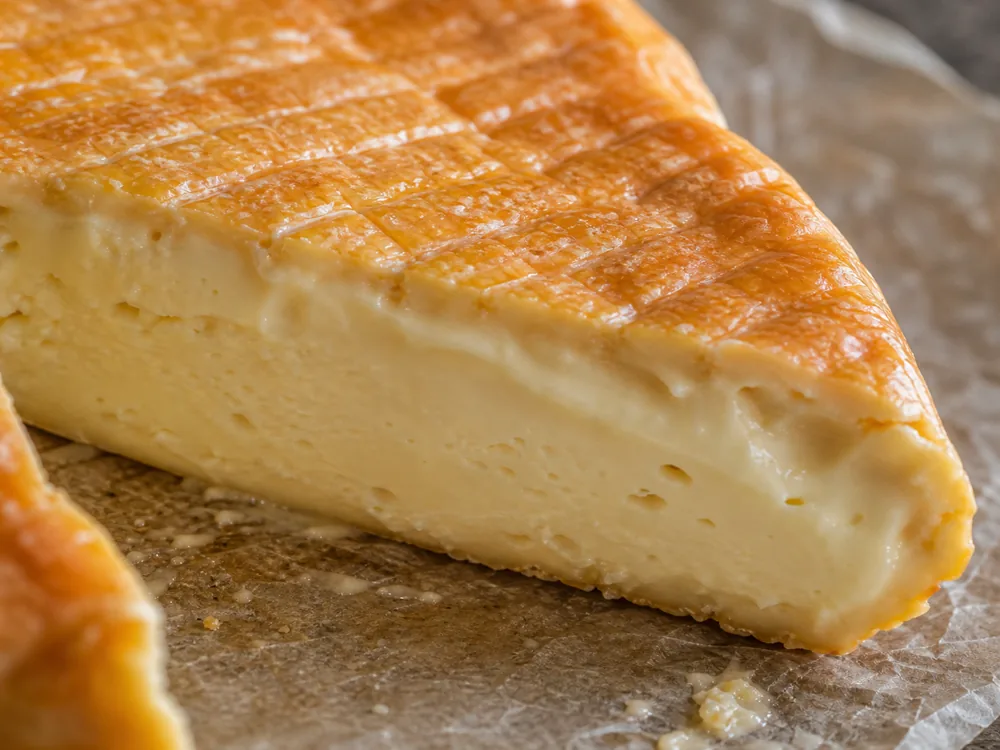 Golden washed rind and creamy center on an Alpine Gold-style cheese wedge - Alpine Gold | KnowTheCheese