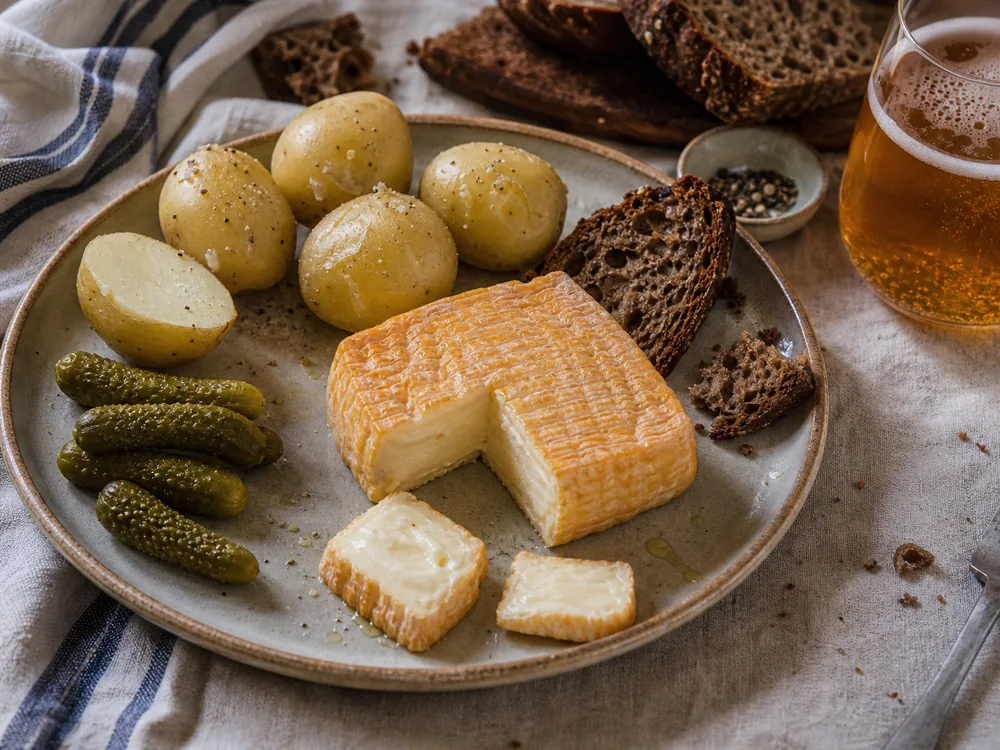 Alpine Gold-style washed-rind cheese with potatoes, cornichons, bread, and amber ale - Alpine Gold | KnowTheCheese