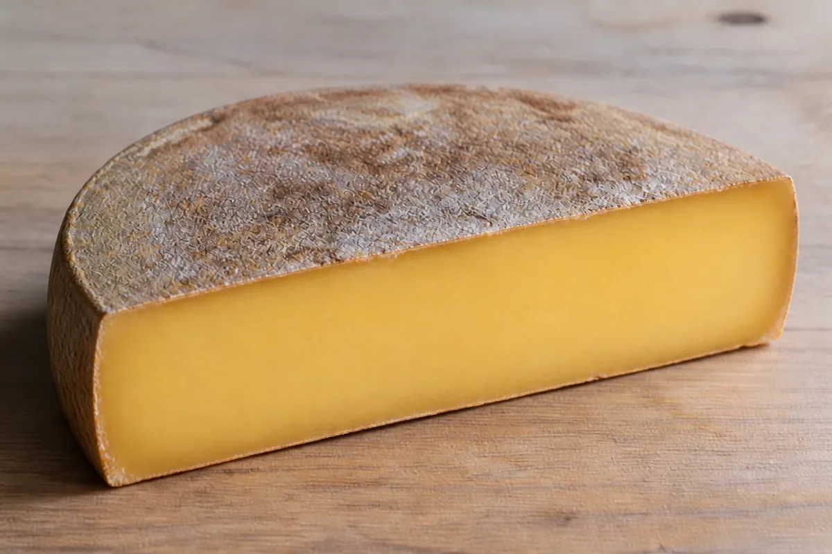 Illustration of a hard cheese half-wheel with a closed straw-coloured paste