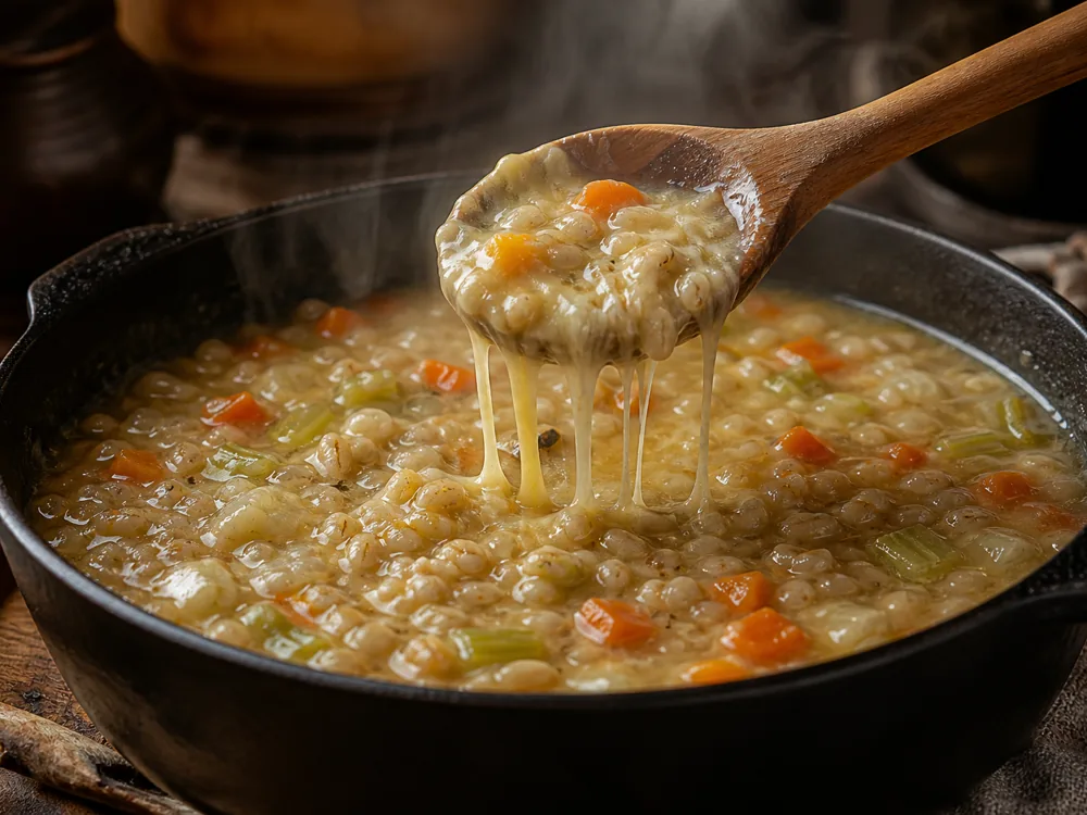 Cast iron pan of barley and vegetable soup with grated cheese melting into the surface in pale threads - Alta Badia | KnowTheCheese