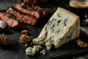 Creamy blue-veined cheese wedge with steak walnuts and porter - AmaBlu | KnowTheCheese
