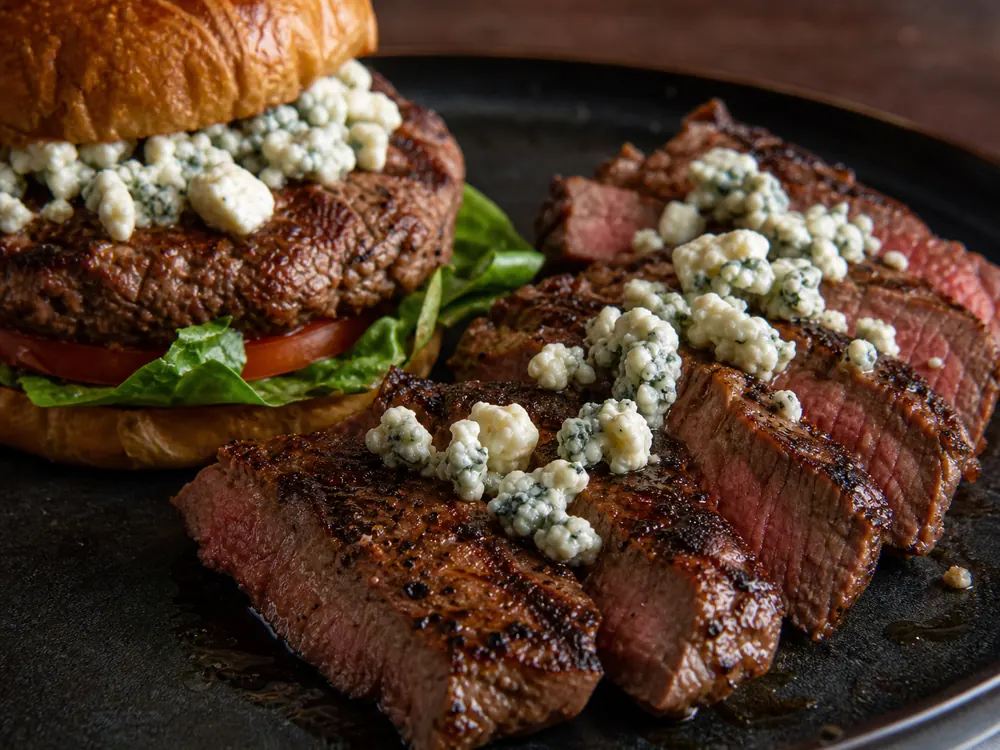 AmaBlu-style blue cheese crumbles on steak and burger plate - AmaBlu | KnowTheCheese