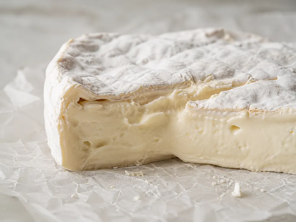 Bloomy rind and creamy goat cheese paste detail - Amalthée | KnowTheCheese