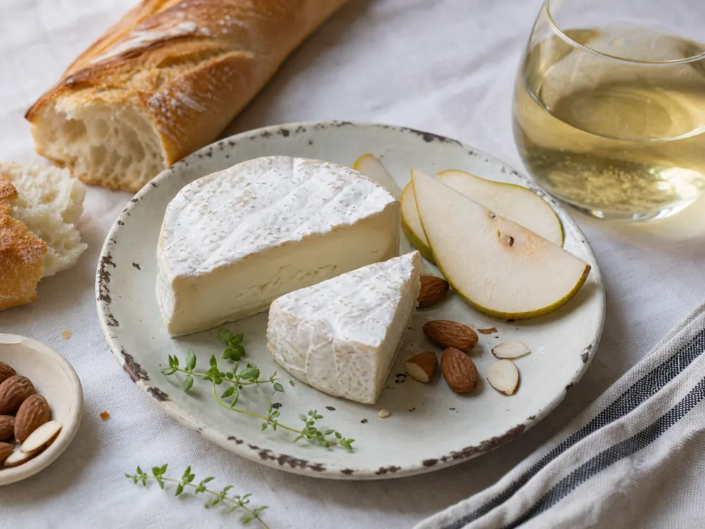 Amalthée-style goat cheese serving plate with pear almonds and white wine - Amalthée | KnowTheCheese