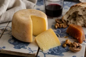 Portuguese yellowish sheep and goat cheese wedge with bread and red wine - Amarelo de Beira Baixa | KnowTheCheese