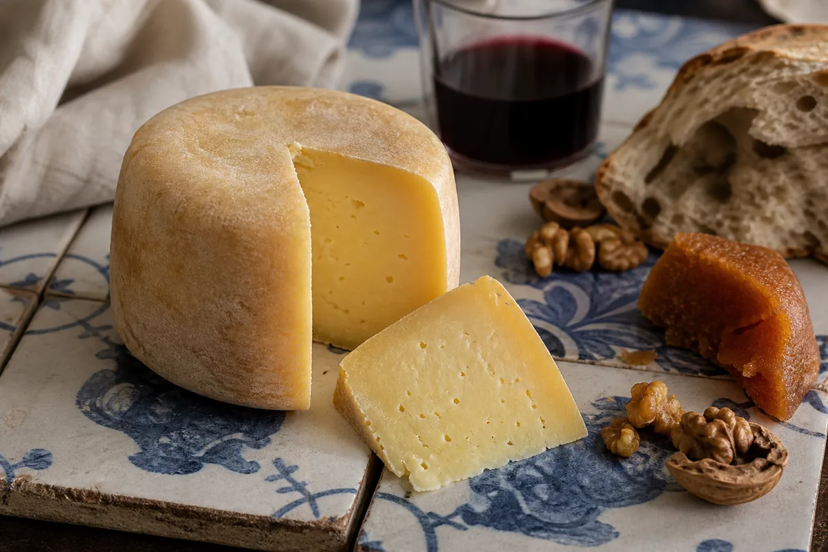 Portuguese yellowish sheep and goat cheese wedge with bread and red wine - Amarelo de Beira Baixa | KnowTheCheese