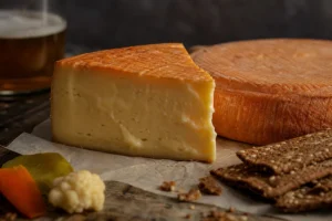 Washed-rind American cheese wedge with orange-brown rind and creamy paste - Ameribella | KnowTheCheese