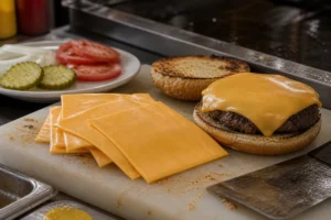 American-cheese-style square slices with a melted burger, pickles, tomato, mustard, and griddle counter - American cheese | KnowTheCheese
