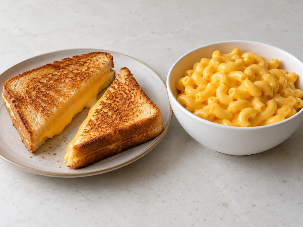 Grilled cheese sandwich halves with melted yellow cheese beside a bowl of macaroni and cheese - American Cheese | KnowTheCheese