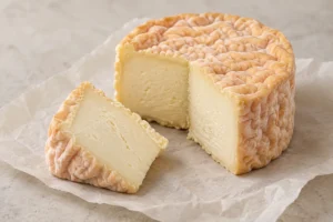 Format illustration of a tall soft cheese with a wrinkled orange rind and ivory centre