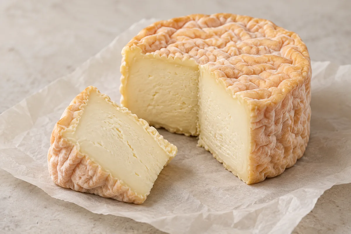 Format illustration of a tall soft cheese with a wrinkled orange rind and ivory centre