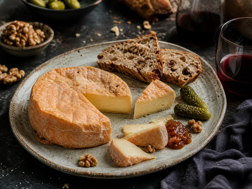 Ami du Chambertin style washed-rind cheese plate with walnut bread chutney and red wine - Ami du Chambertin | KnowTheCheese