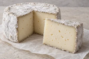 Format illustration: pale cheese wheel and cut wedge with a grey-white rind