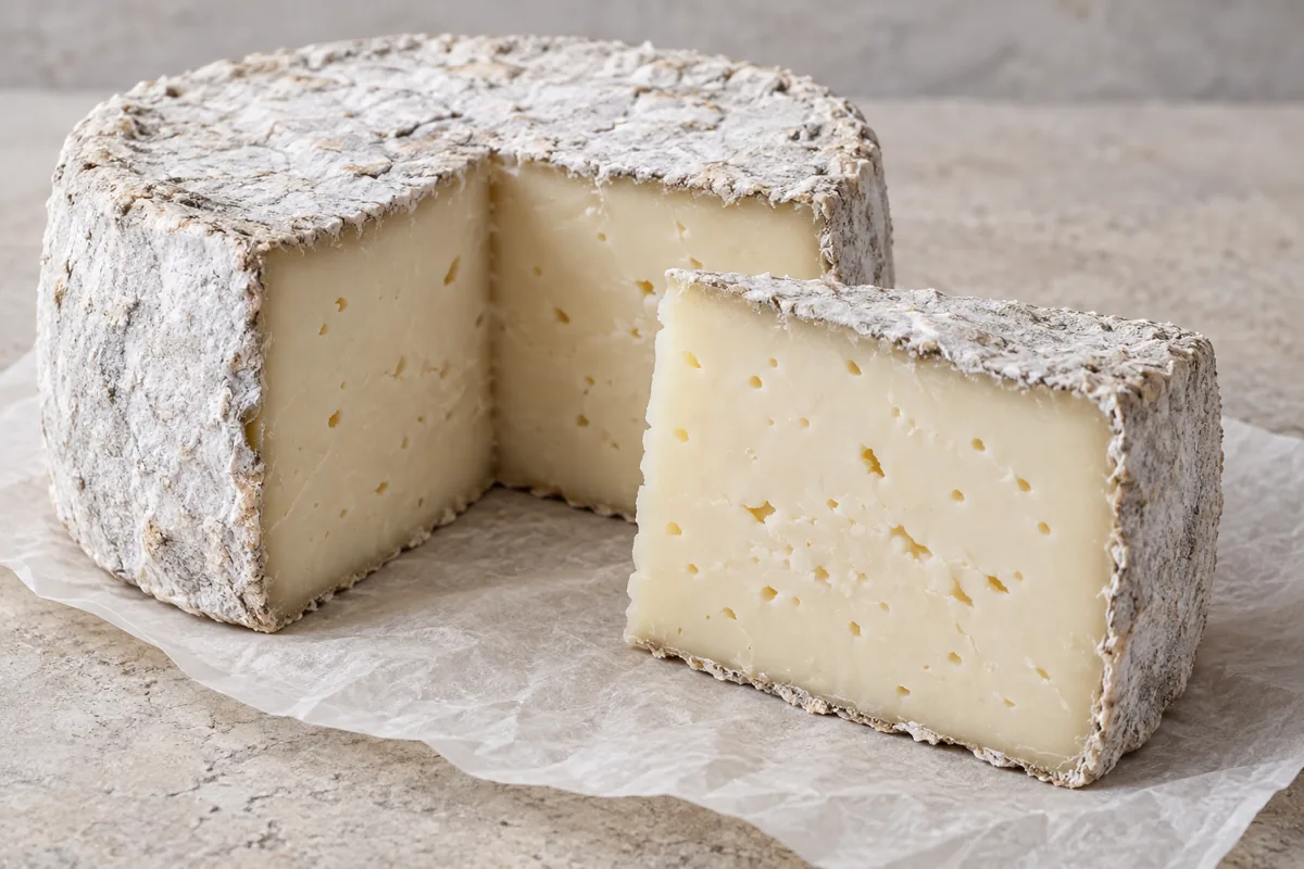 Format illustration: pale cheese wheel and cut wedge with a grey-white rind