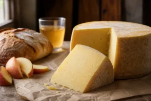 Hard natural-rind cow milk cheese wedge with bread apples and cider - Amish Frolic | KnowTheCheese