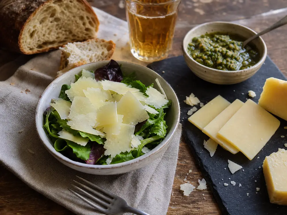 Shaved hard cheese with salad pesto bread and cider - Amish Frolic | KnowTheCheese
