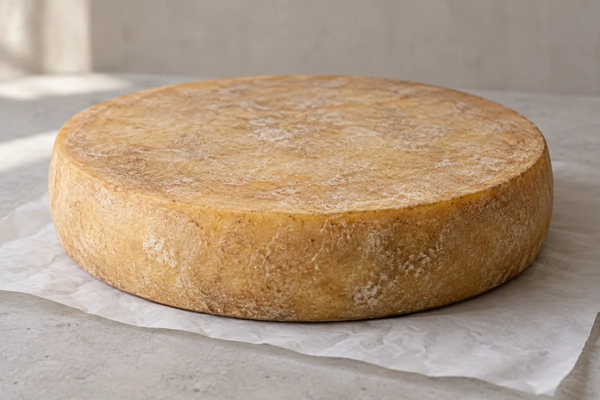 Format illustration of a whole broad cheese wheel with a golden rind