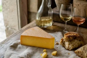 Firm golden sheep milk cheese wedge with bread and wine - Amou | KnowTheCheese