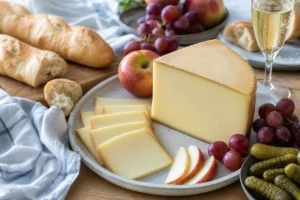 Smooth pale yellow Canadian cheese wedge with fruit bread and pickles - Amsterdammer British Columbia | KnowTheCheese