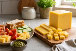 Yellow Gouda style cheese block with cubes bread cucumber tomato and chutney - Amul Gouda | KnowTheCheese
