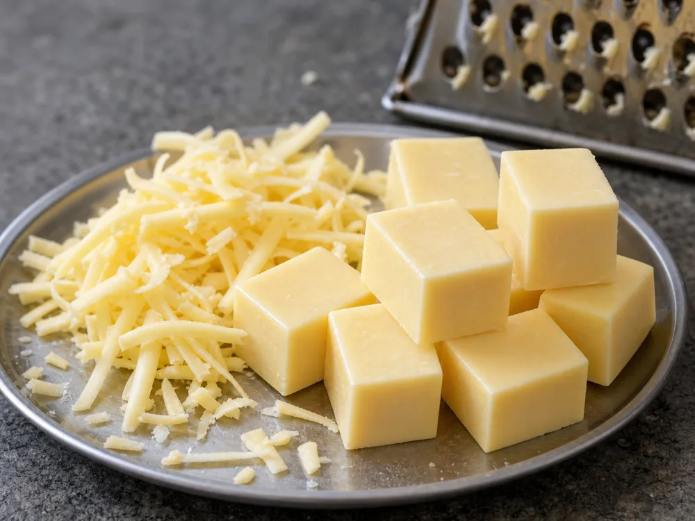 Processed cheese cubes and grated shreds on a steel plate - Amul Processed Cheese | KnowTheCheese