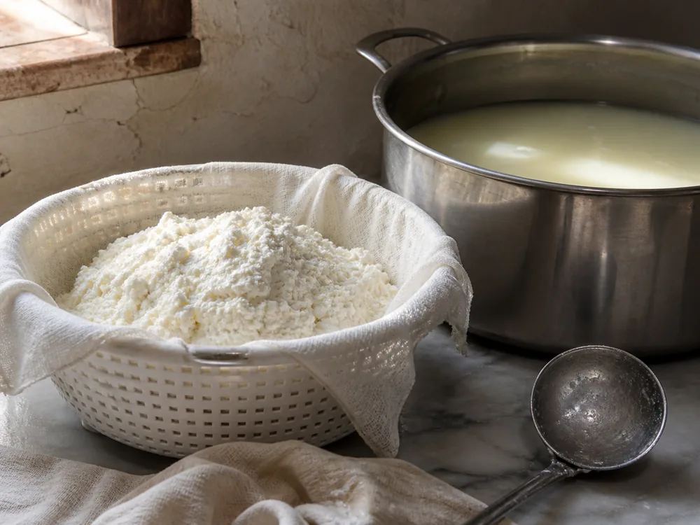 Fine Anari curds draining beside a pot of Halloumi whey - Anari | KnowTheCheese