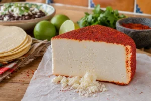 Firm white Mexican cheese wedge with red chile coating - A?ejo Enchilado | KnowTheCheese