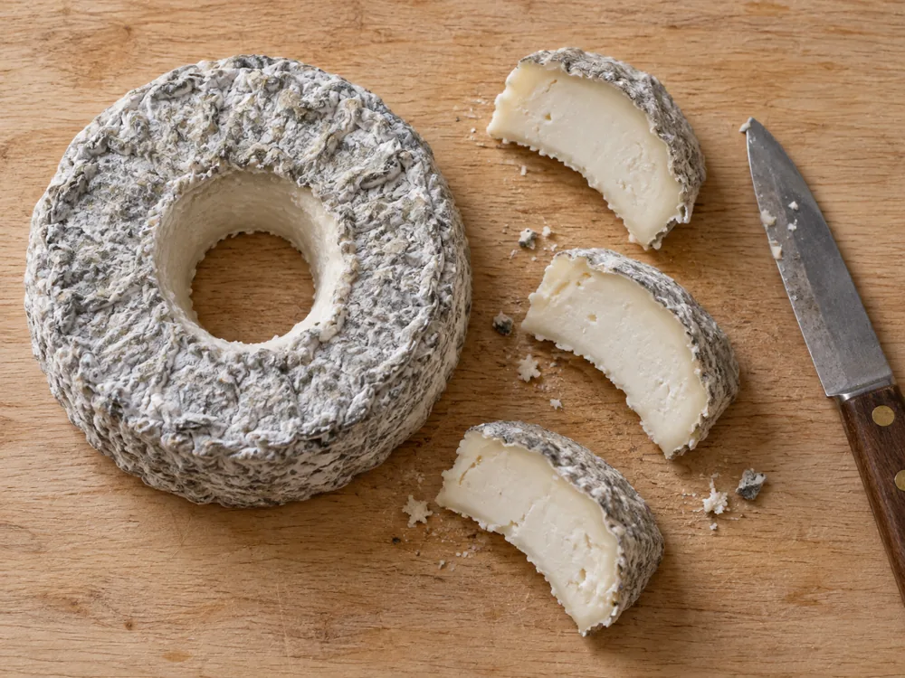 Goat cheese ring beside cut arcs showing rind and paste - Anneau du Vic-Bilh | KnowTheCheese