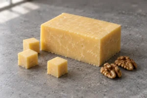 Firm cheddar block with cubes and walnut halves on a stone counter - Anniversary Ale Cheddar | KnowTheCheese