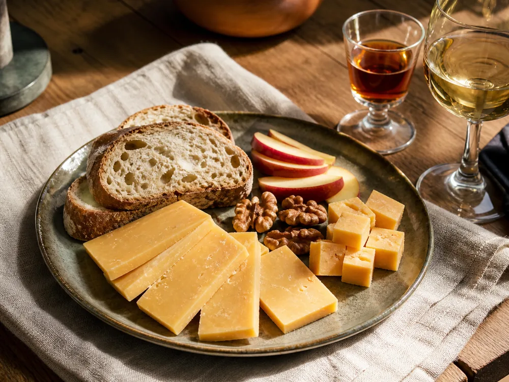 Cheddar slices with walnuts bread apples and sweet wine - Anniversary Ale Cheddar | KnowTheCheese
