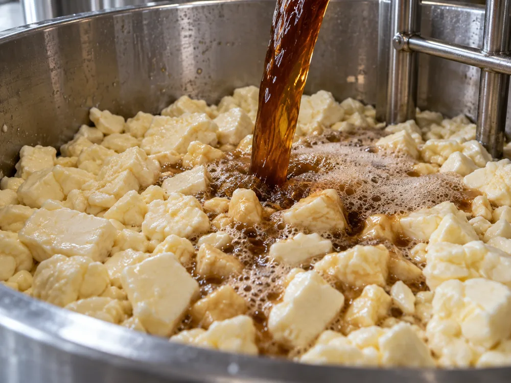 Dark brown beer poured over fresh cheese curds in a steel vat - Anniversary Ale Cheddar | KnowTheCheese
