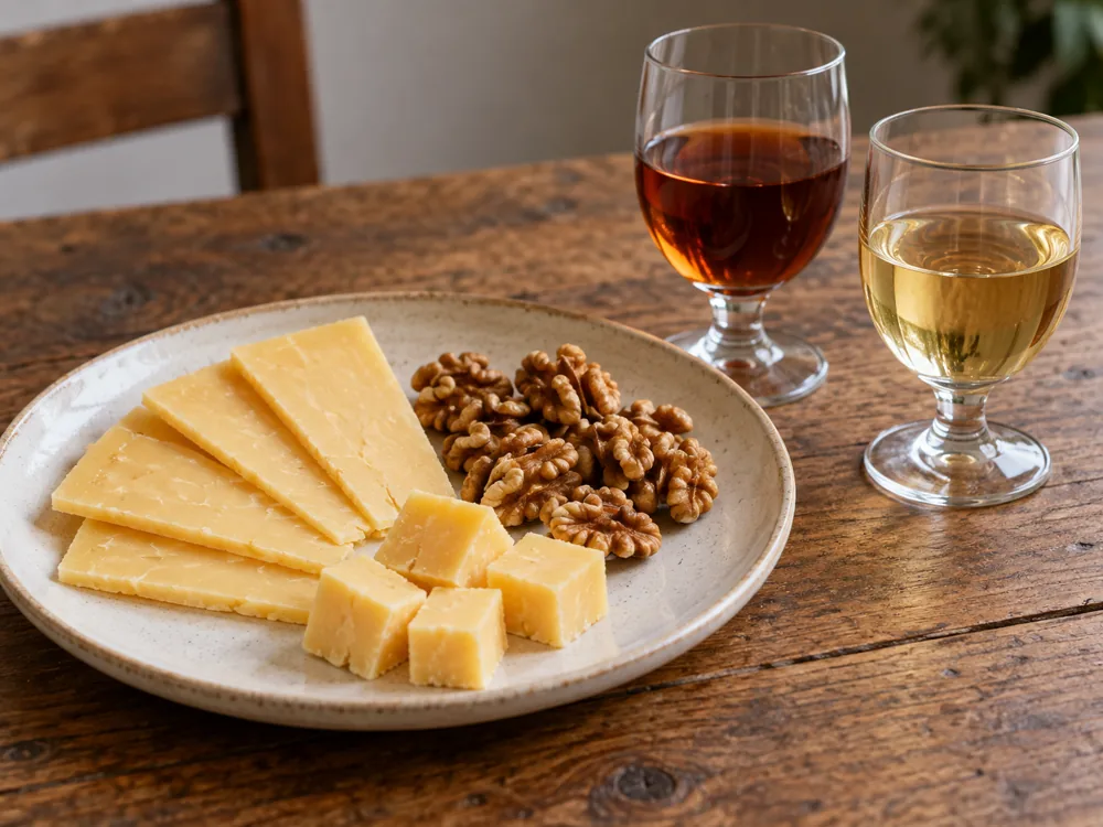 Cheddar slices and cubes with walnuts beside amber and pale gold wine - Anniversary Ale Cheddar | KnowTheCheese