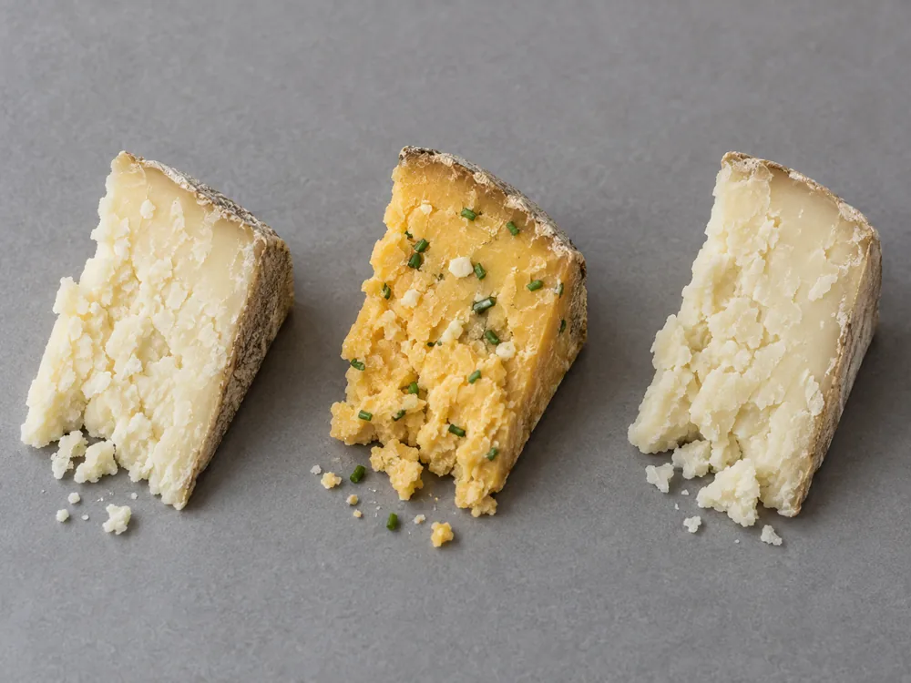 Three crumbly cheese portions with plain, herb-flecked and smoked finishes - Anster