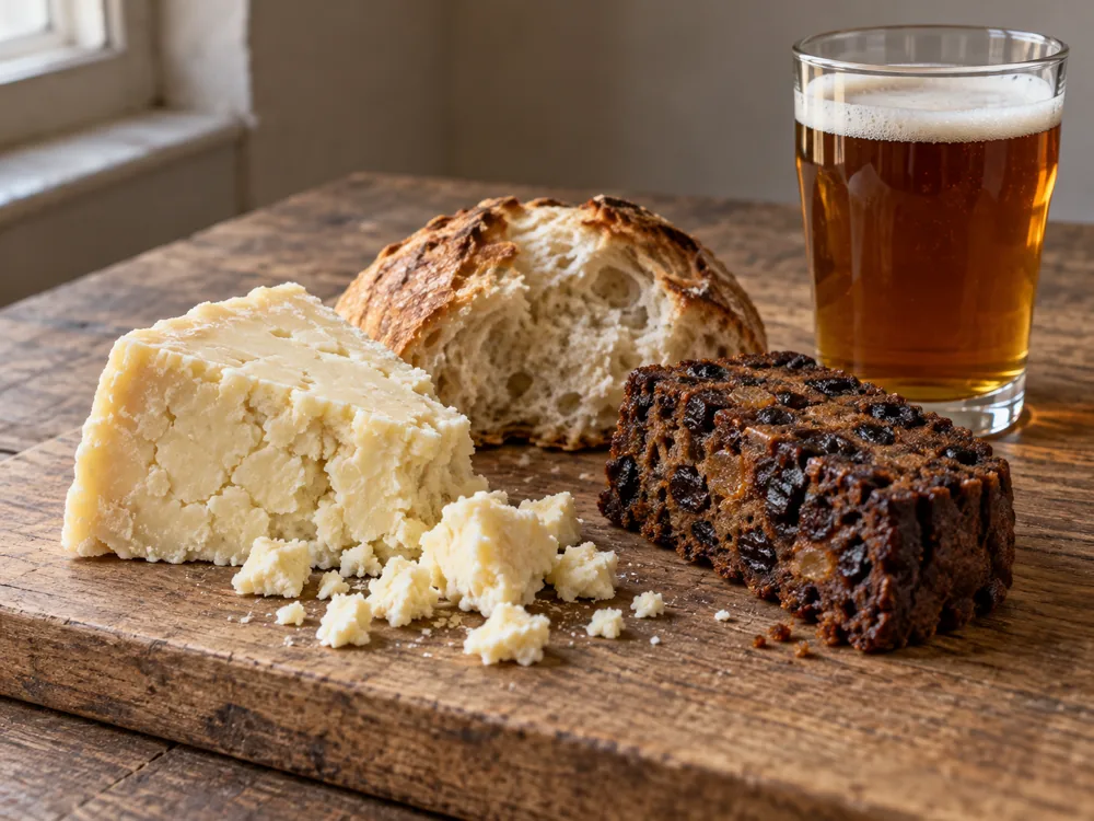 Crumbly cheese with crusty bread, fruitcake and a glass of ale - Anster