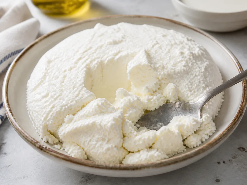 Fresh rindless whey cheese curds in a shallow bowl - Anthotyro Fresco | KnowTheCheese
