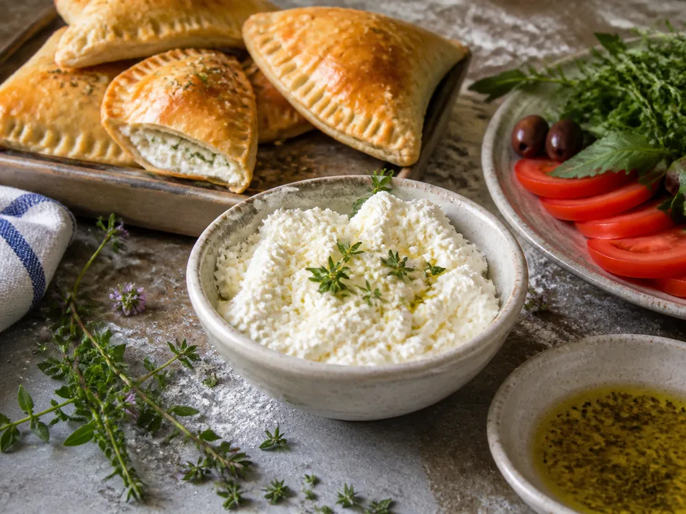 Fresh whey cheese filling beside Greek-style hand pies and herbs - Anthotyro Fresco | KnowTheCheese