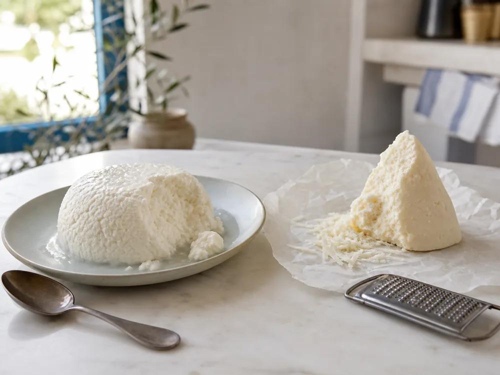 Fresh moist Anthotyro beside firm dry Anthotyro and grated flakes - Anthotyro cheese | KnowTheCheese