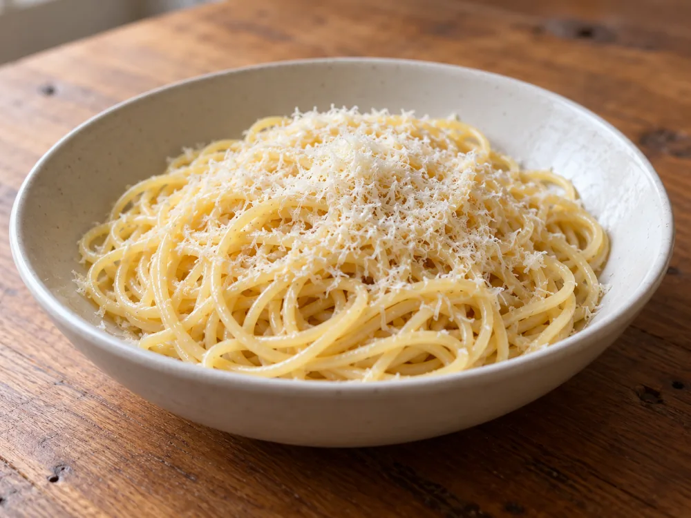 Plain spaghetti in a white bowl topped with finely grated white cheese - Anthotyro cheese | KnowTheCheese