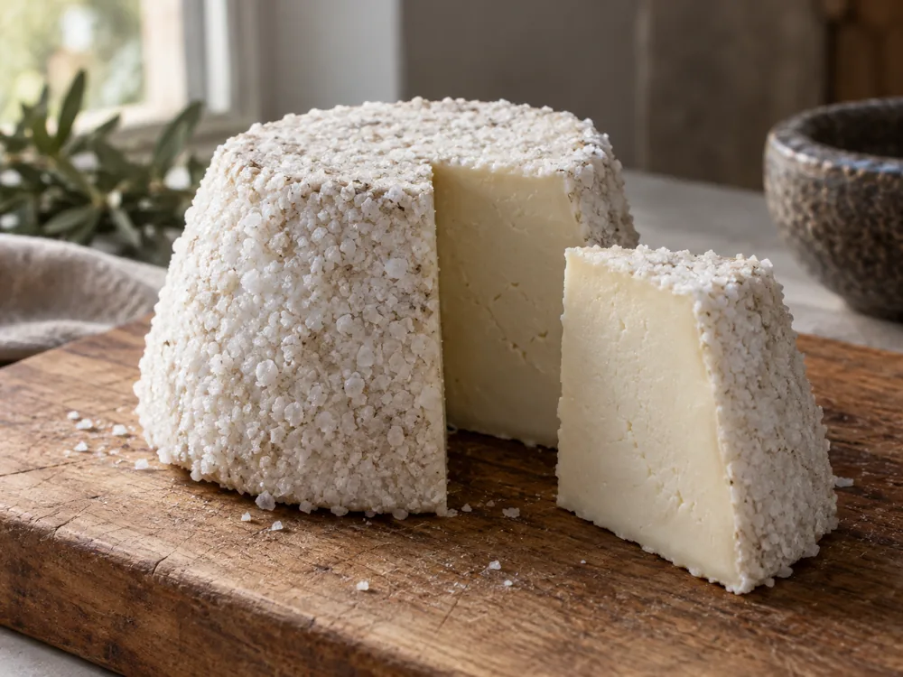 Whole white truncated cone of cheese covered in thick coarse salt with a wedge cut out showing a pale compact interior - Anthotyro cheese | KnowTheCheese